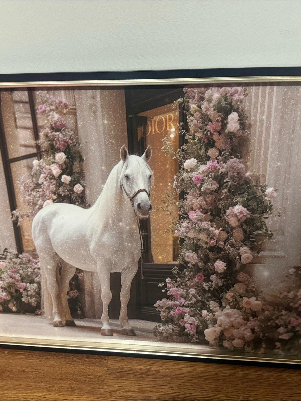 Elegant White Horse Wall Art with Pink Floral Accents - Dior Inspired
